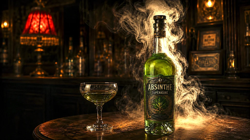 Botellas de las bebidas alcohólicas más fuertes del mundo junto a vasos de destilados de alta graduación.