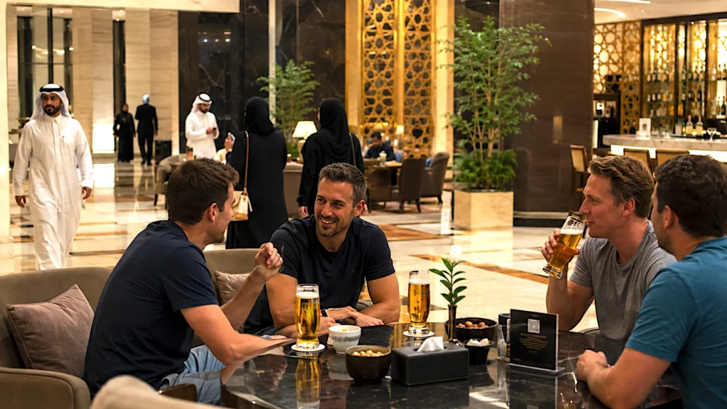 Beber en un hotel de Dúbai, turistas con gente árabe alrededor.
