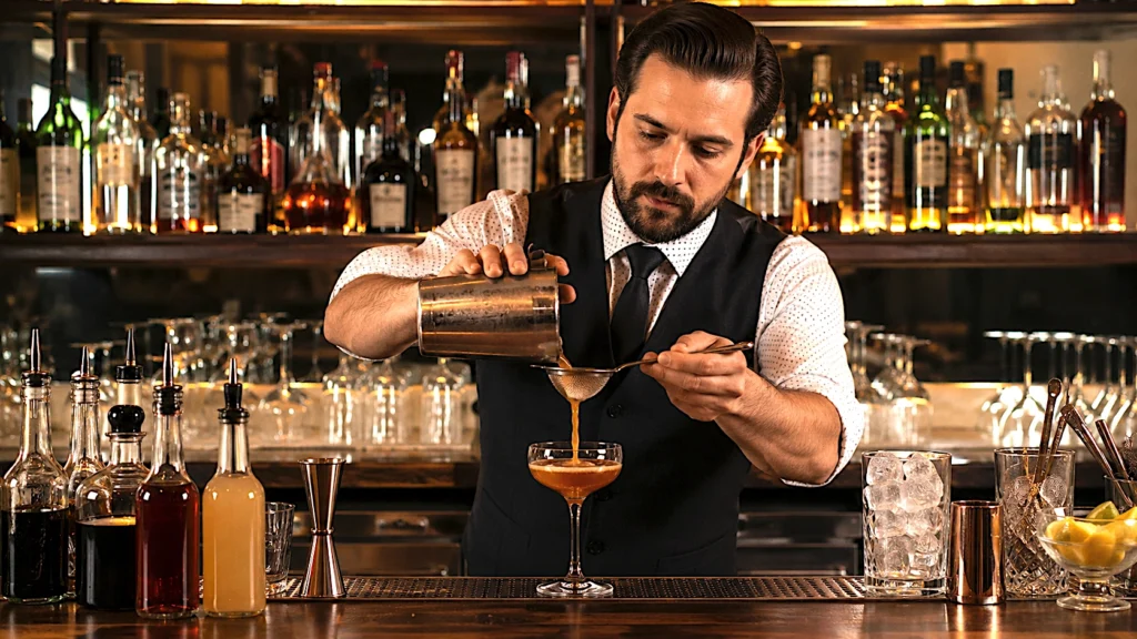 Bartender amateur preparando cócteles en casa con coctelera, hielo, botellas de licor y frutas sobre una barra.