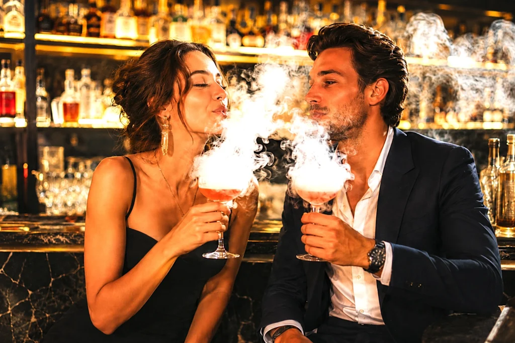 Pareja elegante bebiendo cócteles ahumados en un bar iluminado, con nubes de humo saliendo de las copas y botellas al fondo.
