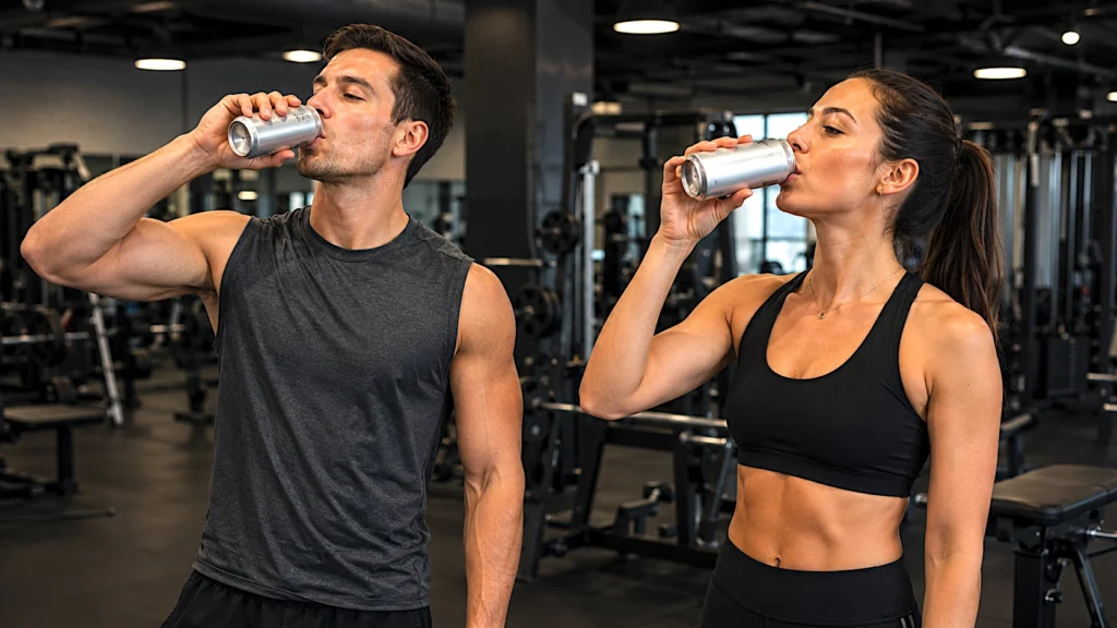 En el gimnasio, un hombre y una mujer bebiendo de una lata de bebidas energéticas.