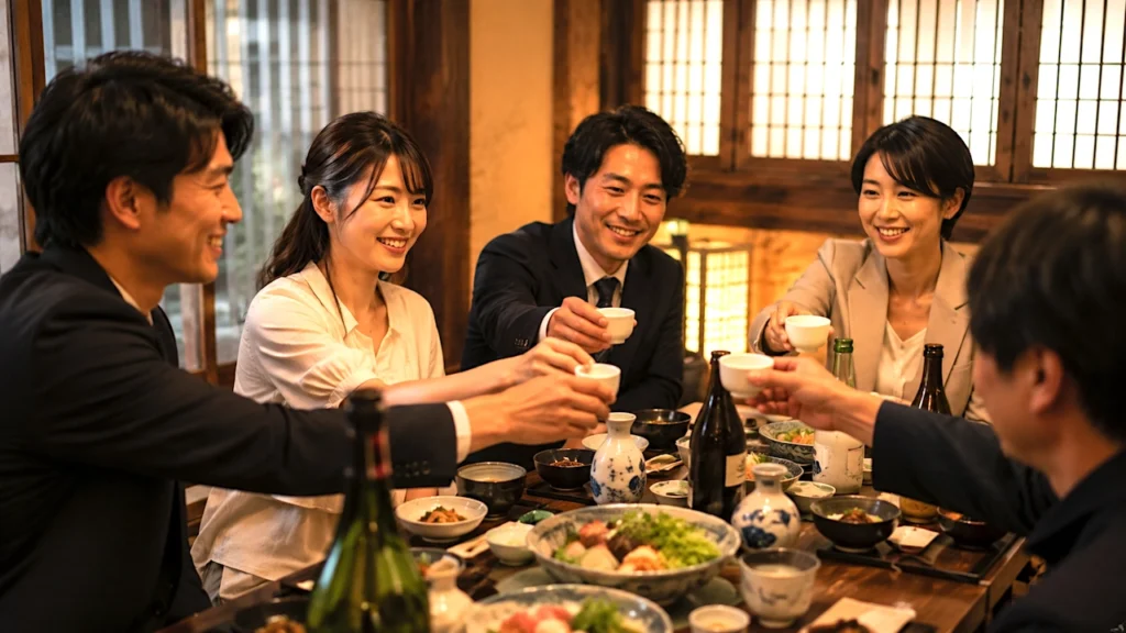 “Qué beben los japoneses: grupo de japoneses brindando con sake”.