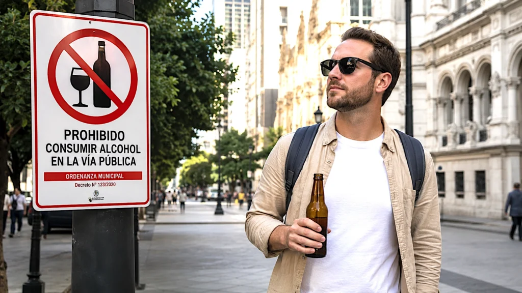 Turista sostiene una botella de cerveza junto a una señal que prohíbe consumir alcohol en la vía pública.