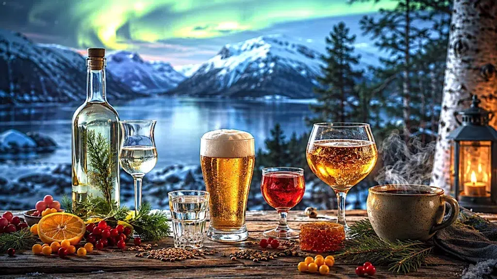 Bebidas nórdicas tradicionales con aquavit, cerveza, licor de bayas y café frente a un paisaje de fiordos y aurora boreal.