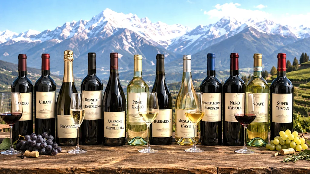 Botellas de 12 vinos italianos famosos, entre ellos Barolo, Chianti, Prosecco y Brunello di Montalcino, con los Alpes italianos al fondo.