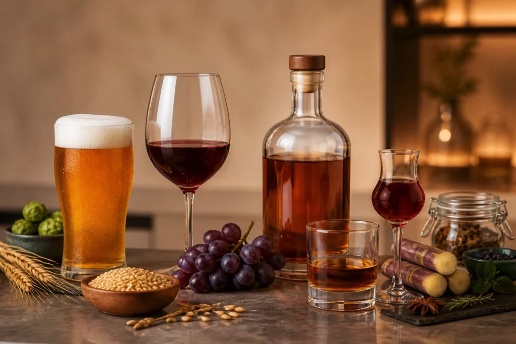 Selección de bebidas alcohólicas junto a ingredientes que representan distintos métodos de elaboración.