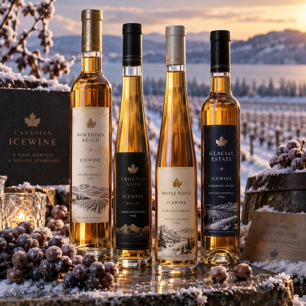 Botellas de alcohol icewine canadiense sobre una mesa cubierta de nieve, rodeadas de uvas congeladas, con un viñedo invernal al fondo.