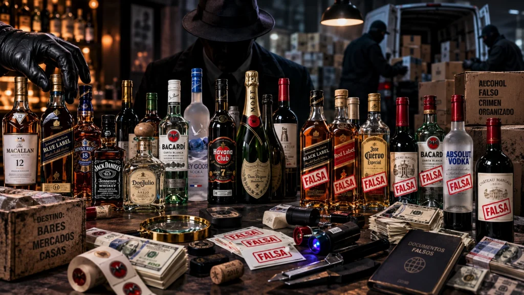 Red clandestina de falsificaciones de bebidas alcohólicas con botellas de whisky, tequila, ron y vino. En un almacén, intercambio de dinero y distribución hacia bares, mercados y hogares.