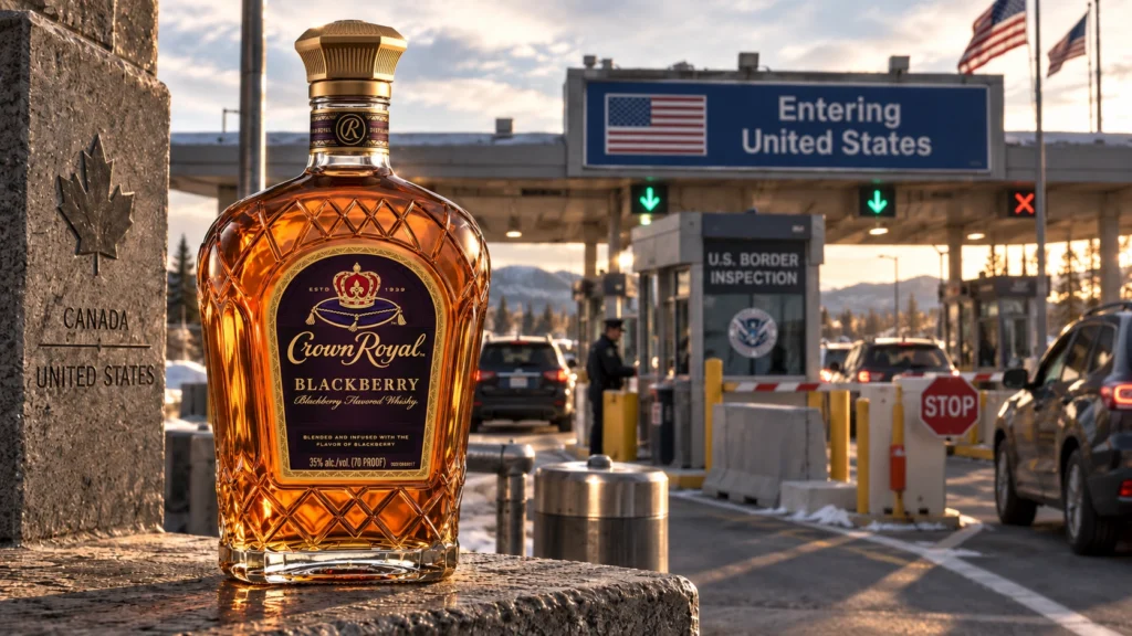 Alcohol en la frontera: Botella de whisky canadiense Crown Royal Blackberry frente a un puesto de control fronterizo de Estados Unidos, con vehículos, cabinas de inspección y banderas estadounidenses al fondo.