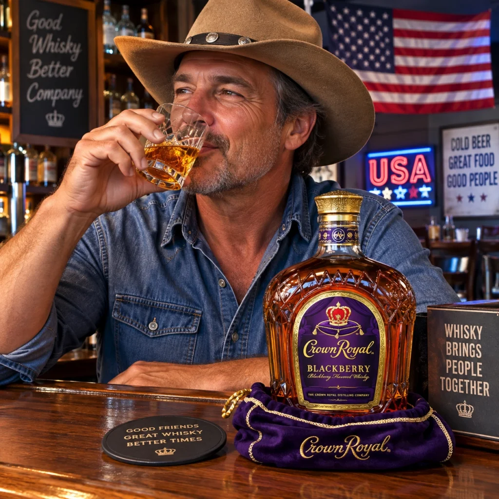 Guerra del ALCOHOL. Crown Royal en un bar de Estados Unidos, sentado frente a la barra con una copa en la mano y una botella de Crown Royal Blackberry en primer plano.